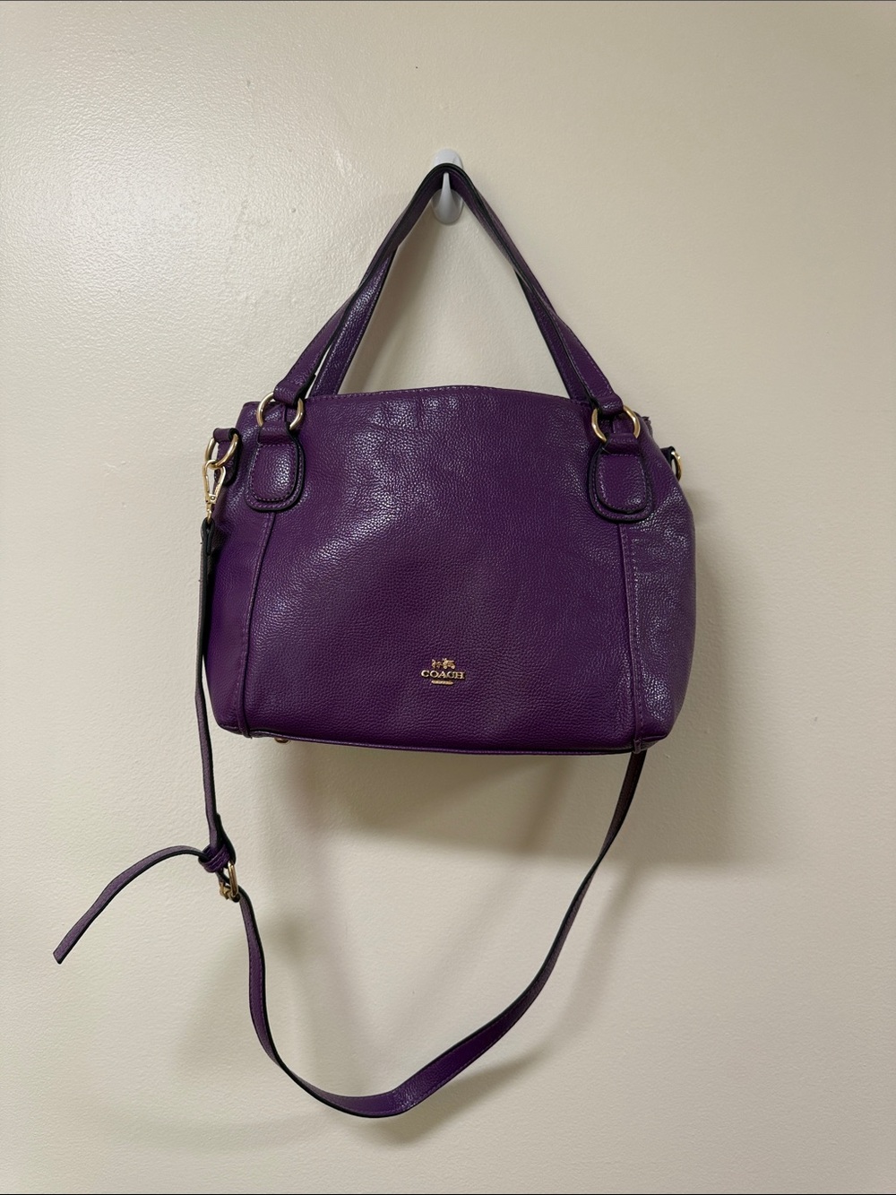 Coach Deep Purple Pebble Leather Shoulder Bag with Gold Accents - Picture 11 of 11